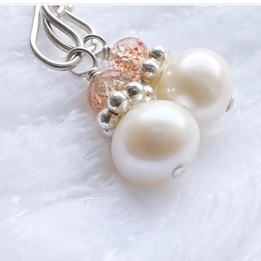 💎Sterling Silver Earrings with Freshwater Pearl and Sunstone Gemstones - Picture 7 of 9